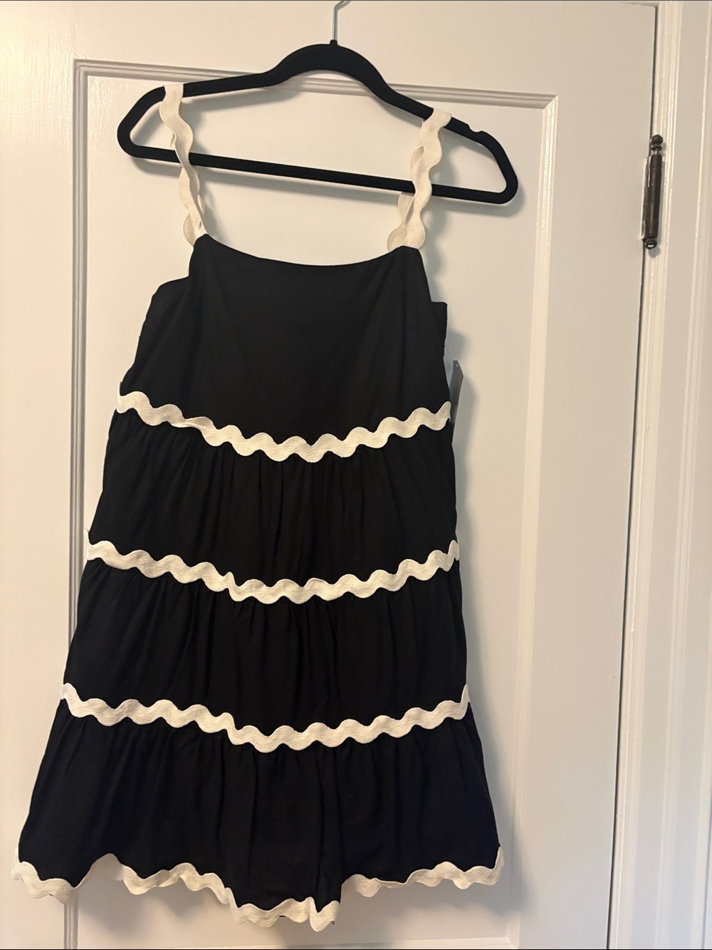 Black Mini Dress with Cream Ric Rac Straps and Trim